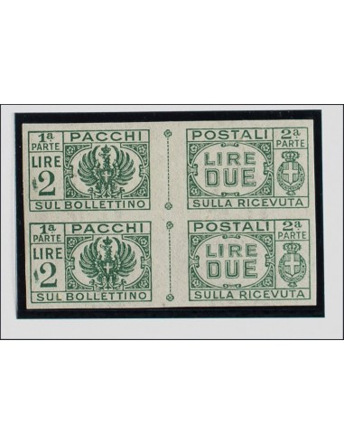 Italia, Paquetes Postales. **Yv 47(2). 1946. 2 l verde, pareja vertical. SIN DENTAR. MAGNIFICA. (Sassone 61a)