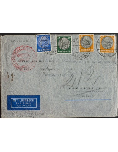 Alemania. Sobre Yv 453, 458, 461(2). 1938. 25 p ultramar, 50 p verde y 100 p amarillo y negro, dos sellos. Correo Aéreo de COL