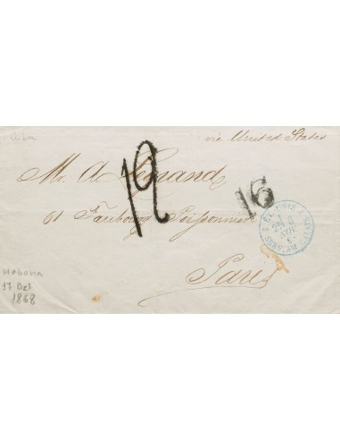 Cuba, Agencia Postal Francesa. Sobre . 1868. LA HAVANA a PARIS (FRANCIA), circulada vía Estados Unidos. Fechador ET. UNIS / SE