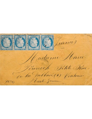 Cuba, Agencia Postal Francesa. Sobre Yv 60A(4). 1872. 25 cts azul FRANCIA, tira de cuatro. SANTIAGO DE CUBA a TOULOUSE (FRANCI