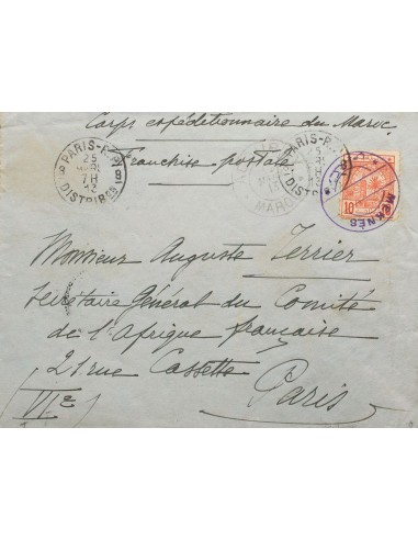 Marruecos Francés. Sobre 12. 1913. 10 cts rojo naranja. MEKNES (MARRUECOS) a PARIS. Matasello MEKNES, en violeta y en el frent