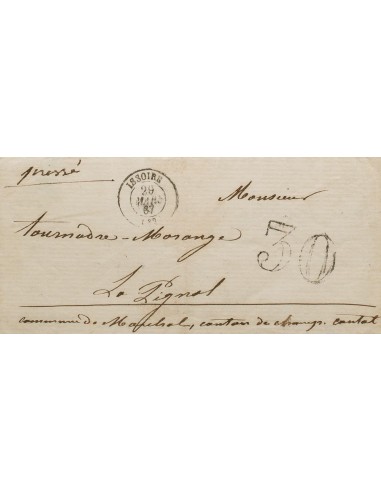 Francia. Sobre Yv . 1867. ISSOIRE a LA PIGNOLE (CANTON DE CANTAL). Fechador ISSOIRE, manuscrito "pressé" (urgente) y tasa de 3