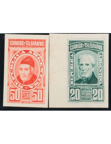 Argentina. (*)Yv 89P, 90P. 1889. 20 pesos verde y 50 pesos rojo. ENSAYOS DE COLOR (sin dentar), sobre cartulina blanca. MAGNIF