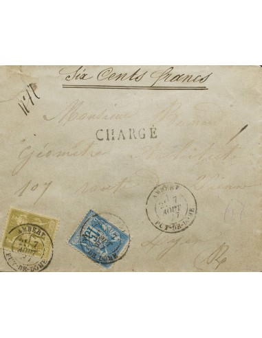 Francia. Sobre Yv 82, 90. 1887. 15 cts azul y 1 f oliva. Certificado de AMBERT a LYON. Matasello AMBERT / PUY DE DOME, al dors