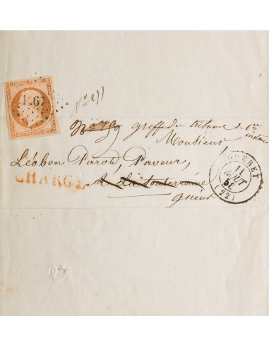 Francia. Sobre Yv 16. 1858. 40 cts naranja. Impreso Certificado (completo con faja) de GUERET a LA SOUTERRINE, devuelta al rem