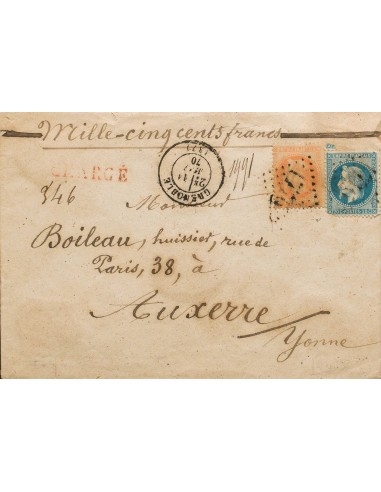 Francia. Sobre Yv 29B, 31. 1870. 20 cts azul (esquina justa) y 40 cts naranja. Certificado de GRENOBLE a AUXERRE. Al dorso mar