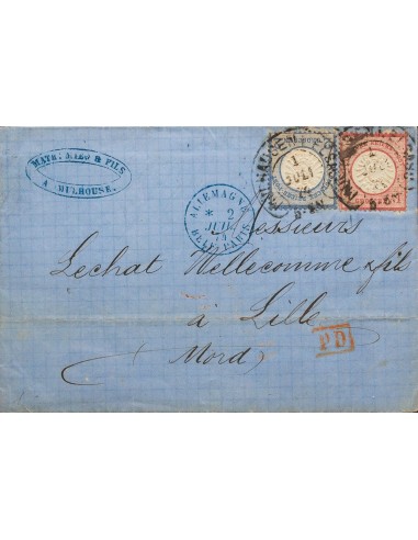 Alemania. Sobre Yv 16, 17. 1874. 1 g rosa carmín y 2 g azul. MULHOUSE a LILLE. Matasello tipo herradura MULHAUSEN-ELSASS y en