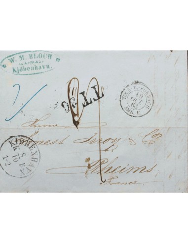 Dinamarca. Sobre . 1863. COPENHAGUE a REIMS (FRANCIA), circulada vía Hamburgo. Fechador KIOBENHAVN, fechador francés de entrad