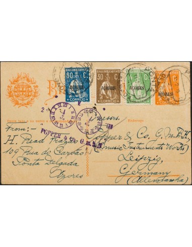 Azores, Entero Postal. Sobre Yv 164, 183, 187. 1925. 2 cts naranja sobre Tarjeta Entero Postal de PUNTA DELGADA a LEIPZIG (ALE