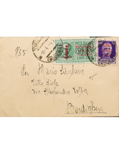 Italia-República Social. Sobre Yv 23, Urgente 3. 1944. 50 cts violeta y 1´25 pts verde de correo Urgente. VIGNOLA a BORDIGHERA