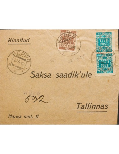 Estonia. Sobre Yv 2(2), 3. 1919. 15 k azul verde, pareja y 35 k castaño. BEPPO (VORU) a TALLIN. Al dorso llegada. MAGNIFICA Y