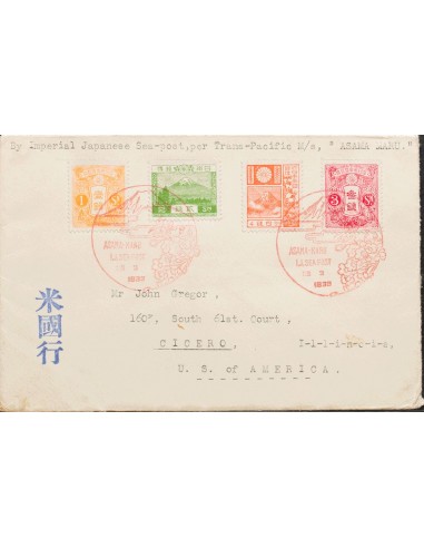 Japón. Sobre Yv 246A, 247, 191, 202. 1933. 1 s naranja, 3 s rosa, 2 s verde y 4 s naranja. Carta Filatélica dirigida a CICERO