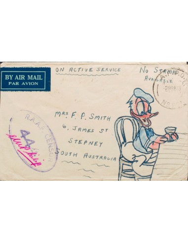 Australia. Sobre Yv . 1943. Dirigida a STEPNEY, sobre con dibujo a mano del "Pato Donald". Manuscrito "No Stamp Available", fe