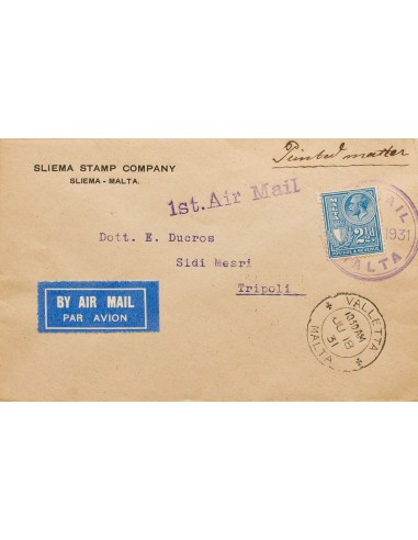 Malta. Sobre Yv 122. 1931. 2½ p azul. SLIEMA a TRIPOLI (LIBIA). Matasello AIR MAIL / MALTA, en violeta y en el frente marca 1