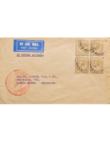 Gran Bretaña. Sobre Yv 152(4). 1934. 1 s bistre, bloque de cuatro. Correo Aéreo de LONDRES a BUENOS AIRES (ARGENTINA), circula