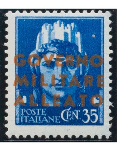 Italia. **Yv 11. 1943. 35 cts azul. CAMBIO DE COLOR EN LA SOBRECARGA, en amarillo naranja. MAGNIFICO Y MUY RARO. (Sassone 11b)