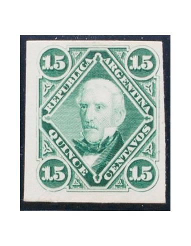 Argentina. (*)Yv 20. 1867. 15 ctvos verde. ENSAYO DE COLOR, sobre cartulina gruesa. MAGNIFICO.
