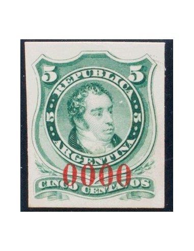 Argentina. (*)Yv 18. 1867. 5 ctvos verde. ENSAYO DE COLOR, sobre cartulina gruesa y numeración 0000, en rojo. MAGNIFICO Y MUY