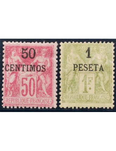 Marruecos Francés. *Yv 6A, 7. 1891. 50 cts sobre 50 cts rosa (Tipo I) y 1 pts sobre 1 f oliva. BONITOS Y RAROS. Yvert 2010: 56