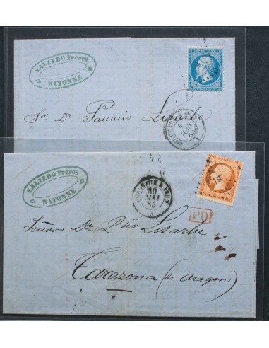 Francia. Sobre Yv 22, 23. 1865. Conjunto de dos cartas circuladas de BAYONA a TARAZONA con los franqueos de 20 cts azul y 40 c