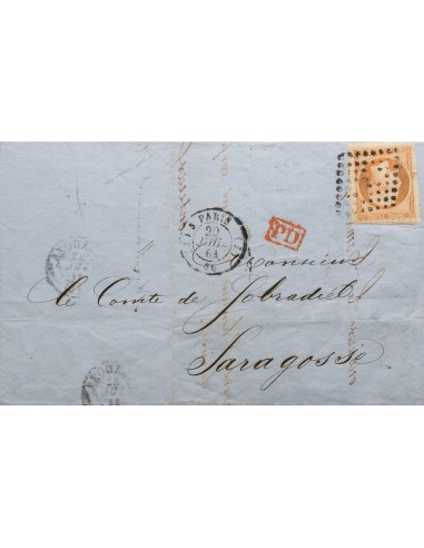 Francia. Sobre Yv 23. 1861. 40 cts naranja dentado "Perce" (en lineas). PARIS a ZARAGOZA. Matasello ROMBO DE PUNTOS "J". MAGNI