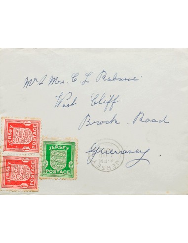 Jersey, Ocupación Alemana. Sobre Yv 1, 2(2). 1942. ½ p verde y 1 p rojo, dos sellos (ligeramente tonalizados). JERSEY a WESTCL