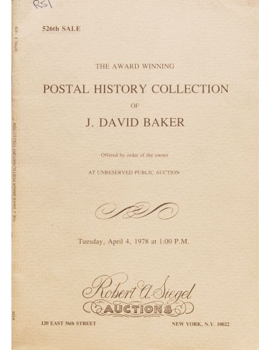 Estados Unidos, Bibliografía. 1978. Subasta de la Colección THE AWARD WINNING POSTAL HISTORY COLLECTION OF J. DAVID BAKER, cel