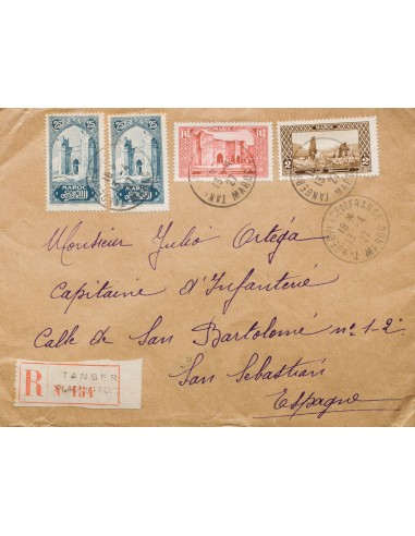 Marruecos Francés. Sobre Yv 106(2), 118, 120. 1927. 25 cts azul, dos sellos, 1´40 f rosa carmín y 2 f sepia. Certificado de TA