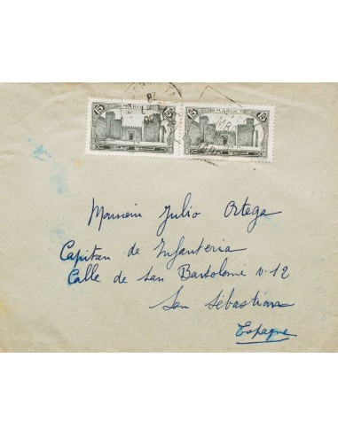 Marruecos Francés. Sobre Yv 103(2). 1928. 15 cts negro, dos sellos. TANGER a SAN SEBASTIAN. MAGNIFICA.