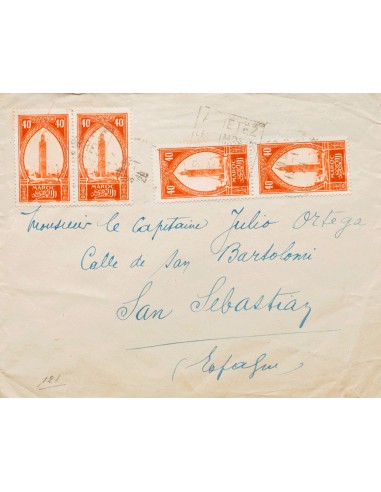 Marruecos Francés. Sobre Yv 110(4). 1928. 40 cts naranja, cuatro sellos. FEZ a SAN SEBASTIAN. Al dorso llegada. MAGNIFICA.