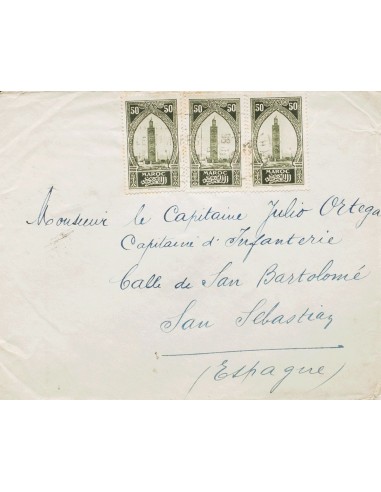 Marruecos Francés. Sobre Yv 113(3). 1930. 50 cts verde negro, tres sellos. FEZ a SAN SEBASTIAN. Al dorso tránsito por Tánger.