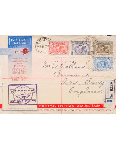 Australia. Sobre Yv 75/76, Aéreo 3, 4. 1931. Serie completa, 6 p castaño y 6 p violeta. Certificado de CAIRNS a OXTED (GRAN BR