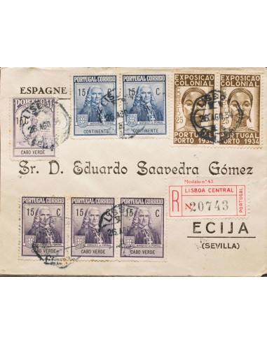 Portugal. Sobre Yv 572(2). 1934. 25 cts sepia, dos sellos y seis sellos de sobretasa de Portugal y Cabo Verde (Pombal). Certif