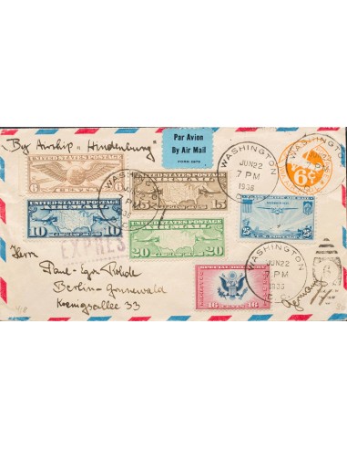 Estados Unidos, Aéreo. Sobre Yv 7/9, 15A, 20, 21. 1936. 6 ctvos naranja sobre Entero Postal de Correo Aéreo de WASHINGTON a BE