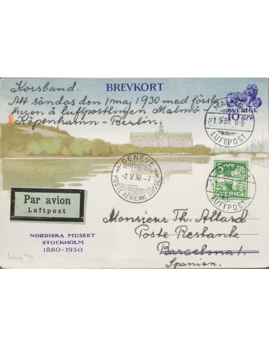 Suecia. Sobre Yv 123b. 1930. 10 ore violeta sobre Tarjeta Entero Postal Ilustrada de MALMÖ a BARCELONA, con franqueo complemen