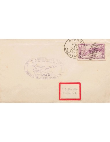 Filipinas. Sobre Yv 239. 1932. 24 ctvos violeta. APARRI a MANILA. En el frente marca SECOND MADRID-MANILA FLIGHT / AVIATOR FER