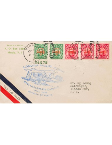 Filipinas, Aéreo. Sobre Yv 15(2), 16(3). 1928. 2 ctvos verde, dos sellos y 4 ctvos rojo, tres sellos. Correo Aéreo de MANILA a