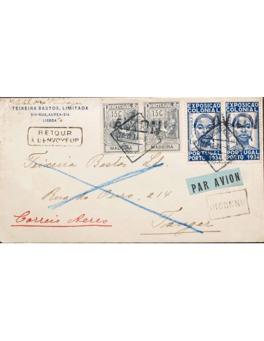 Portugal. Sobre 574(2), 370(2). 1934. 1´60 esc azul, dos sellos y 15 cts de sobretasa de MADEIRA, dos sellos. LISBOA a TANGER