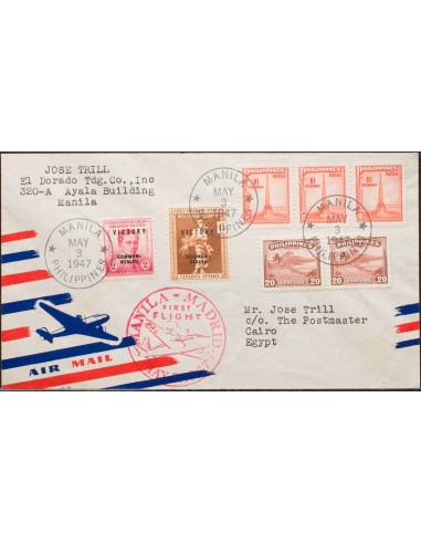 Filipinas. Sobre Yv 326(3), 329, 319H, 319J. 1947. 10 cts naranja, tres sellos, 20 cts castaño, dos sellos, 2 cts rosa y 6 cts