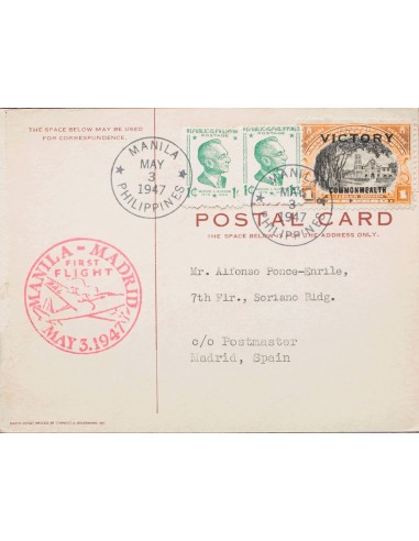 Filipinas. Sobre Yv 319G, 324(2). 1947. 1 peso naranja y negro y 1 ctvo verde, dos sellos. Tarjeta Postal de MANILA a MADRID.