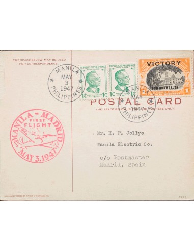 Filipinas. Sobre Yv 319G, 324(2). 1947. 1 peso naranja y negro y 1 ctvo verde, dos sellos. Tarjeta Postal de MANILA a MADRID.