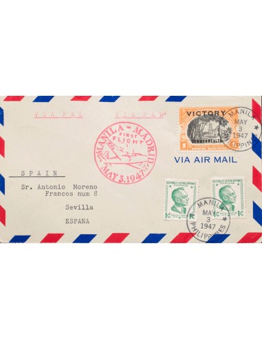 Filipinas. Sobre Yv 319G, 324(2). 1947. 1 peso naranja y negro y 1 ctvo verde, dos sellos. MANILA a SEVILLA. En el frente marc
