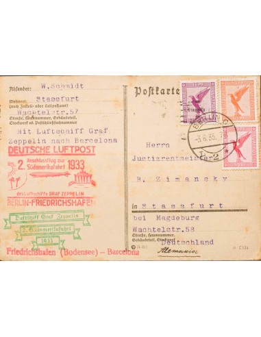 Alemania, Aéreo. Sobre Yv 28, 29, 31. 1933. 10 p rojo, 15 p lila y 50 p naranja. Tarjeta Postal (tonalizada) por Graf Zeppelin