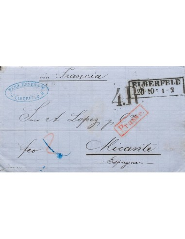 Prusia, Prefilatelia. Sobre Yv . 1861. ELBERFELD a ALICANTE. Marcas ELBERFELD, en negro, PRUSSE, en rojo y porteo "4 Rs" (real