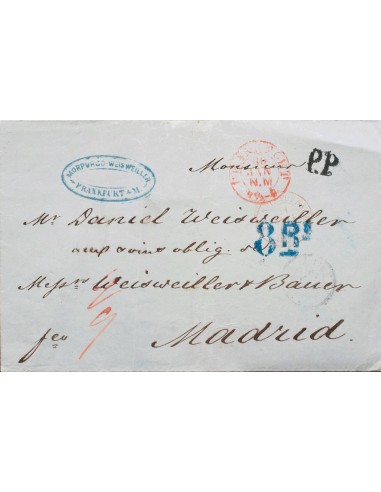 Prusia, Prefilatelia. Sobre Yv . 1861. FRANKFURT a MADRID. Fechador FRANKFURT, entrada en Francia TOUR-T FORBACH / AMB.A, en r