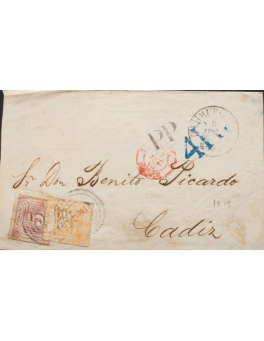 Thurn y Taxis. Sobre Yv 12, 16. 1862. 5 s lila y ½ s naranja (ambos márgenes justos). Frontal (con una solapa al dorso) de HAM