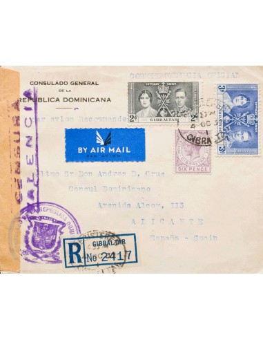 Gibraltar. Sobre Yv 100, 101, 79. 1937. 2 p negro, 3 p azul y 6 p violeta. Certificado de GIBRALTAR a ALICANTE. Circulada entr