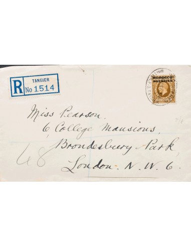 Marruecos Británico, Zona IV (Todas las oficinas). Sobre 16. 1937. 1 s castaño amarillo. Certificado de TANGER a LONDRES (GRAN