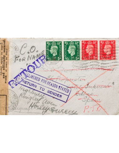 Gran Bretaña. Sobre 209(2), 210(2). 1940. ½ p verde, dos sellos y 1 p rojo, dos sellos. LONDRES a BILBAO, reexpedida a HORLEY