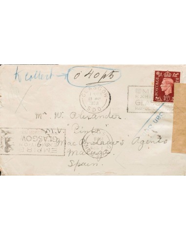 Gran Bretaña. Sobre 211. 1938. 1½ p castaño rojo. GLASGOW a MALAGA. Tasada a la llegada de forma manuscrita "k collect 0´40 pt